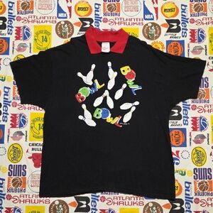 Black Bowling Graphic T-Shirt with Red Collar